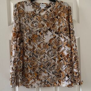 Liz Claiborne White and Mustard Snake-Print Long Sleeve Blouse